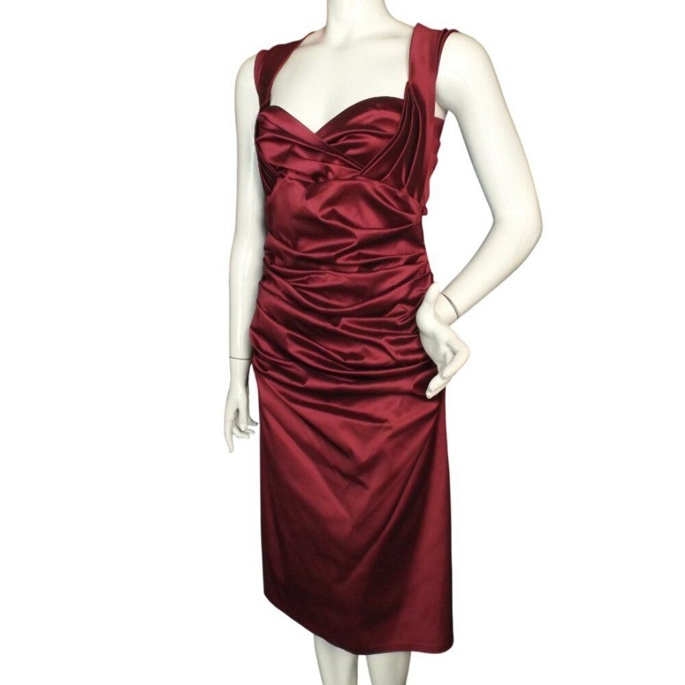 TALBOT RUNHOF Dress, 12/42, Burgundy Stretch Taffeta, Wide Straps, Ruched Zipper - Picture 4 of 13